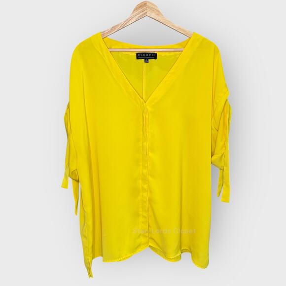 Eloquii Yellow V Neck Top 20 Short Sleeve Tie Detail Button Feminine Boho Look - Picture 1 of 9